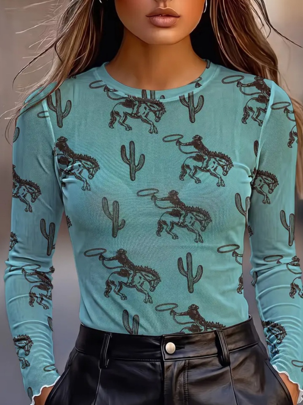 Mesh Teal Cowboy Print Long Sleeve Top